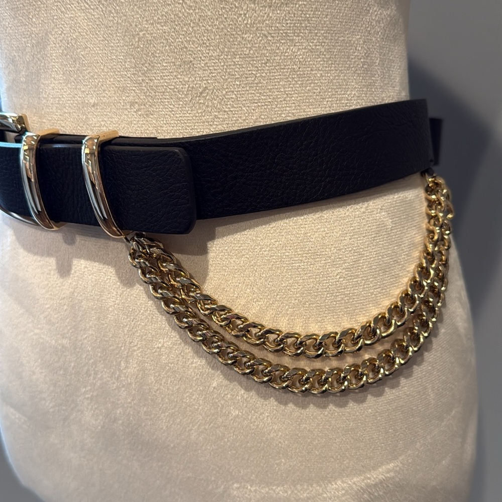 B-Low the Belt Phoenix Black leather and Gold Chain belt size small - Picture 2 of 6
